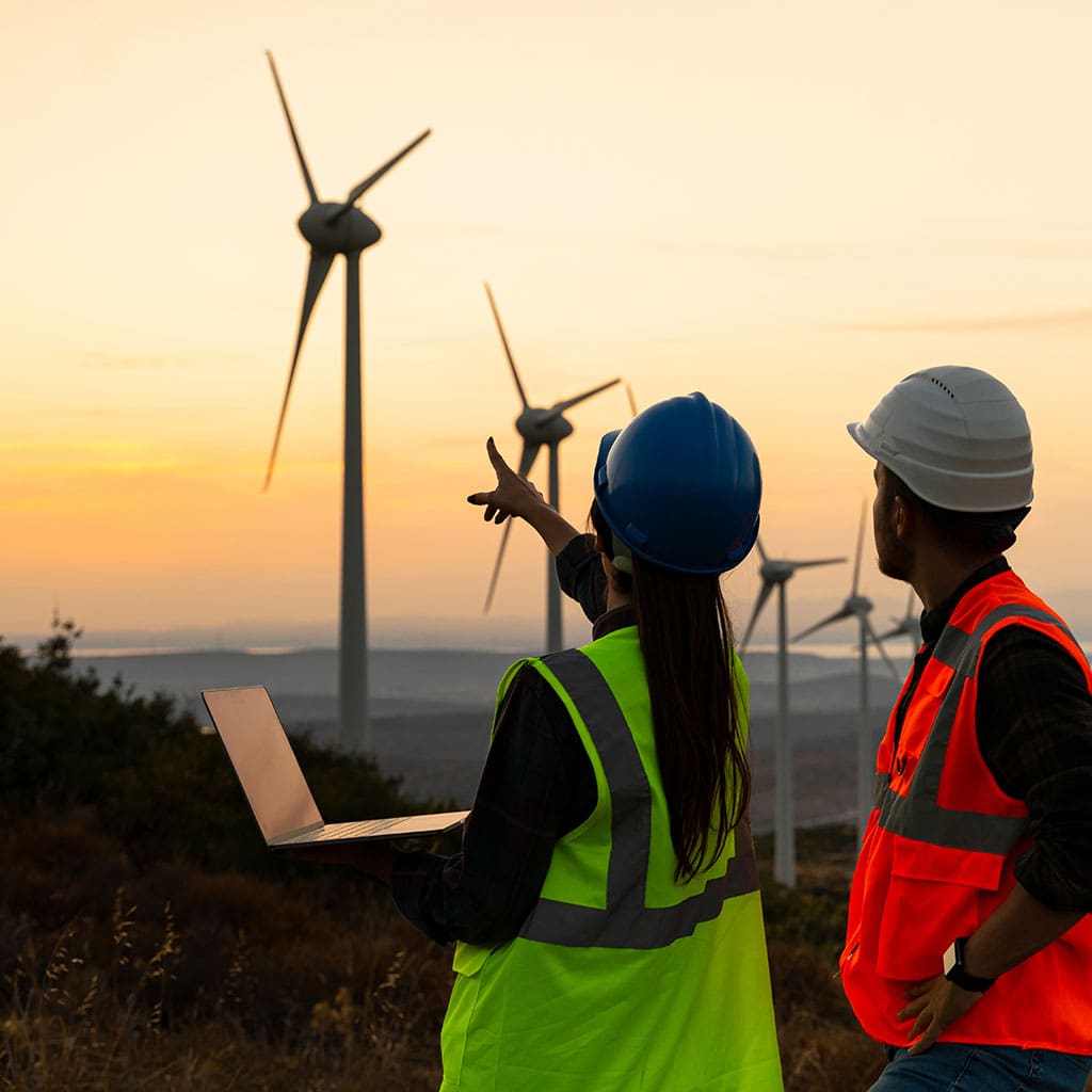 Young maintenance engineer team working in wind turbine farm at sunset