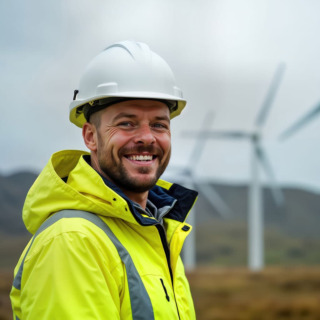 Engineer monitors wind turbine performance with tablet